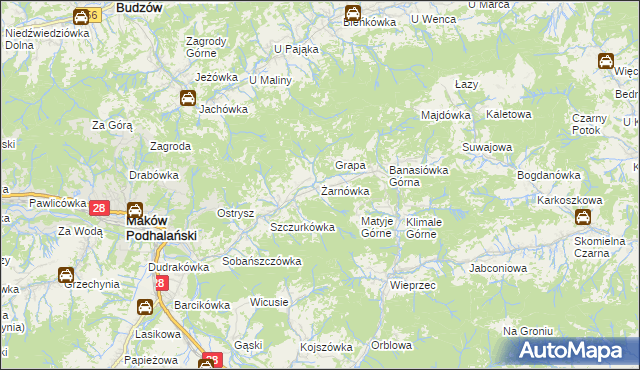 mapa Żarnówka gmina Maków Podhalański, Żarnówka gmina Maków Podhalański na mapie Targeo