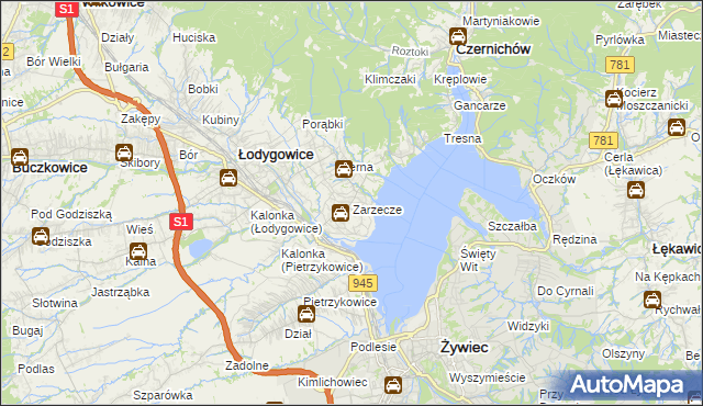 mapa Zarzecze gmina Łodygowice, Zarzecze gmina Łodygowice na mapie Targeo