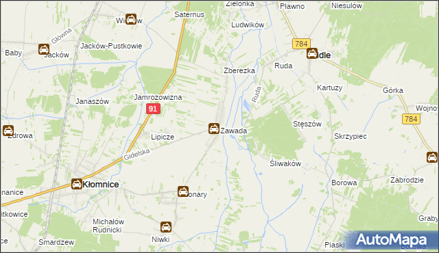 mapa Zawada gmina Kłomnice, Zawada gmina Kłomnice na mapie Targeo