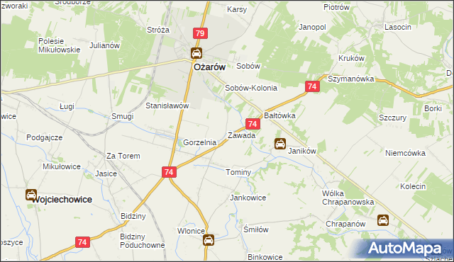 mapa Zawada gmina Ożarów, Zawada gmina Ożarów na mapie Targeo