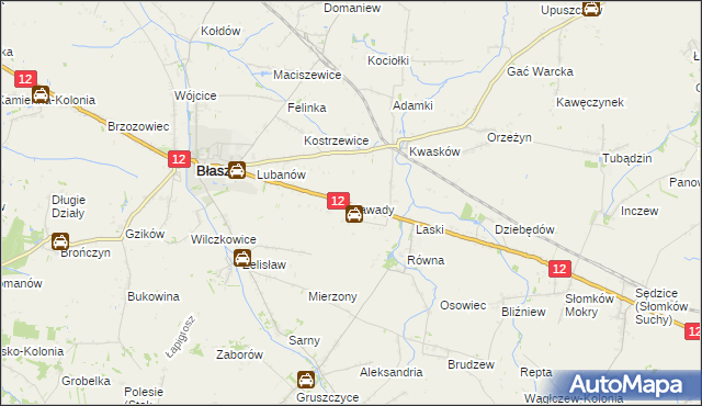 mapa Zawady gmina Błaszki, Zawady gmina Błaszki na mapie Targeo