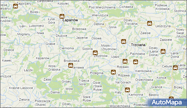 mapa Zbydniów gmina Łapanów, Zbydniów gmina Łapanów na mapie Targeo