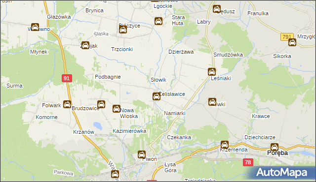 mapa Żelisławice gmina Siewierz, Żelisławice gmina Siewierz na mapie Targeo