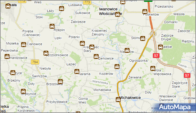 mapa Żerkowice gmina Iwanowice, Żerkowice gmina Iwanowice na mapie Targeo