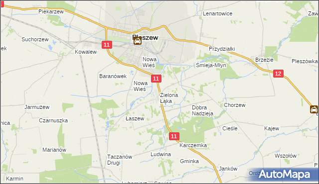 mapa Zielona Łąka gmina Pleszew, Zielona Łąka gmina Pleszew na mapie Targeo