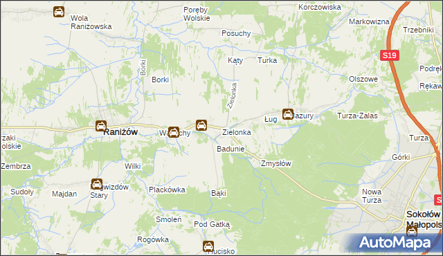 mapa Zielonka gmina Raniżów, Zielonka gmina Raniżów na mapie Targeo