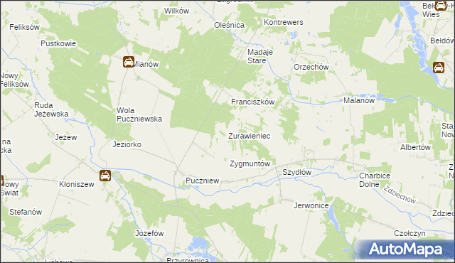 mapa Żurawieniec gmina Lutomiersk, Żurawieniec gmina Lutomiersk na mapie Targeo