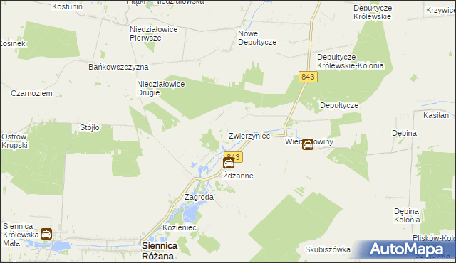 mapa Zwierzyniec gmina Siennica Różana, Zwierzyniec gmina Siennica Różana na mapie Targeo