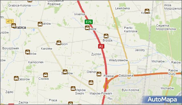 mapa Żychlin gmina Grabica, Żychlin gmina Grabica na mapie Targeo