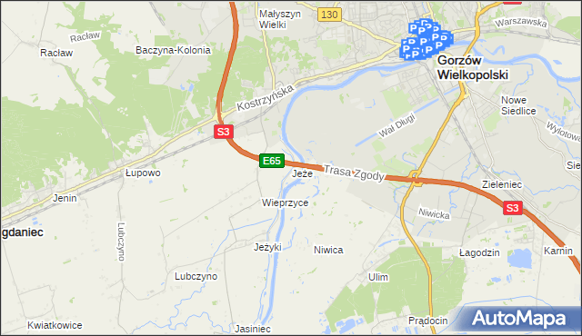 mapa Jeże gmina Bogdaniec, Jeże gmina Bogdaniec na mapie Targeo