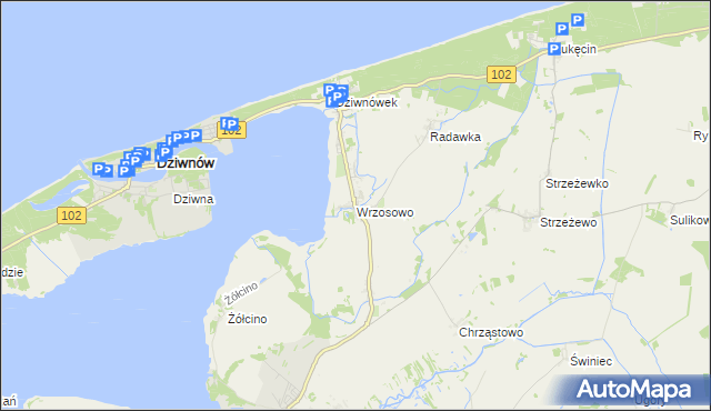 mapa Wrzosowo gmina Kamień Pomorski, Wrzosowo gmina Kamień Pomorski na mapie Targeo