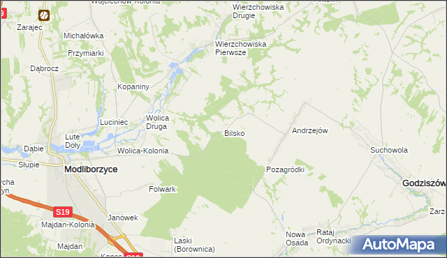 mapa Bilsko gmina Modliborzyce, Bilsko gmina Modliborzyce na mapie Targeo