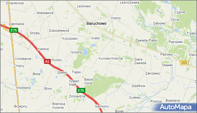 mapa Kurowo-Kolonia gmina Baruchowo, Kurowo-Kolonia gmina Baruchowo na mapie Targeo