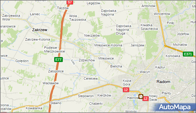 mapa Milejowice gmina Zakrzew, Milejowice gmina Zakrzew na mapie Targeo