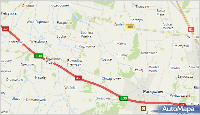 mapa Różyce gmina Parzęczew, Różyce gmina Parzęczew na mapie Targeo