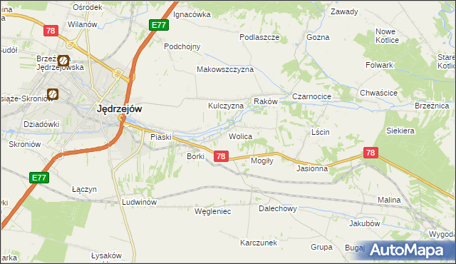 mapa Wolica gmina Jędrzejów, Wolica gmina Jędrzejów na mapie Targeo