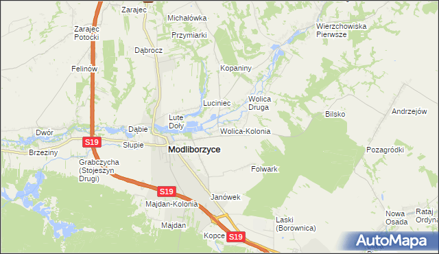 mapa Wolica-Kolonia gmina Modliborzyce, Wolica-Kolonia gmina Modliborzyce na mapie Targeo