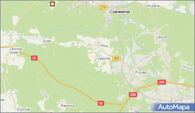 mapa Zagórze gmina Czerwieńsk, Zagórze gmina Czerwieńsk na mapie Targeo