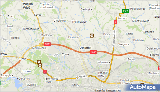 mapa Zielonki powiat krakowski, Zielonki powiat krakowski na mapie Targeo
