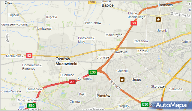 mapa Bronisze gmina Ożarów Mazowiecki, Bronisze gmina Ożarów Mazowiecki na mapie Targeo