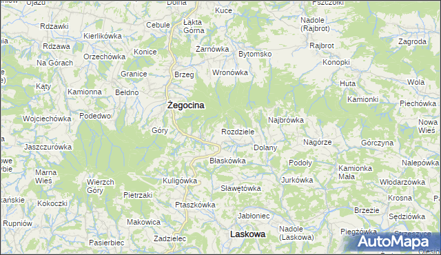 mapa Rozdziele gmina Żegocina, Rozdziele gmina Żegocina na mapie Targeo