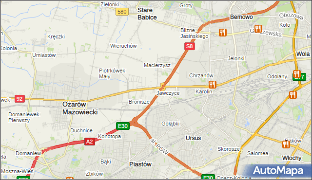 mapa Jawczyce gmina Ożarów Mazowiecki, Jawczyce gmina Ożarów Mazowiecki na mapie Targeo