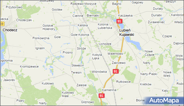 mapa Kobyla Łąka gmina Lubień Kujawski, Kobyla Łąka gmina Lubień Kujawski na mapie Targeo