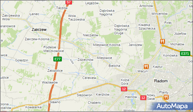 mapa Milejowice gmina Zakrzew, Milejowice gmina Zakrzew na mapie Targeo