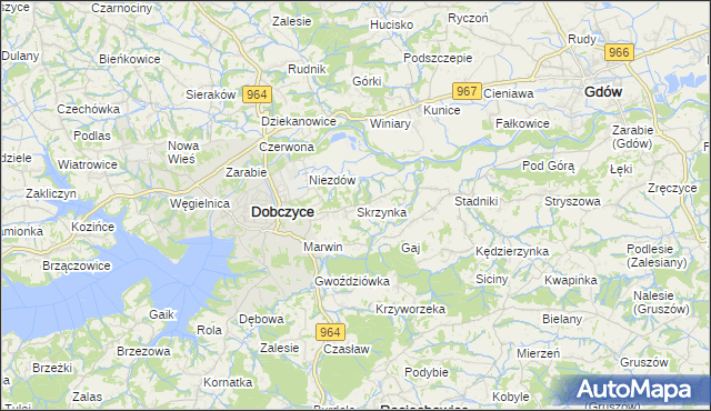 mapa Skrzynka gmina Dobczyce, Skrzynka gmina Dobczyce na mapie Targeo