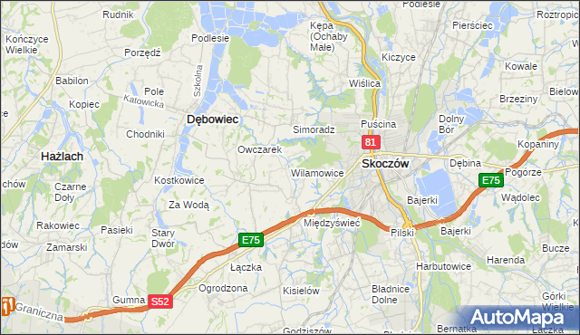 mapa Wilamowice gmina Skoczów, Wilamowice gmina Skoczów na mapie Targeo