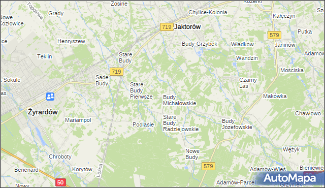 mapa Budy Michałowskie gmina Jaktorów, Budy Michałowskie gmina Jaktorów na mapie Targeo