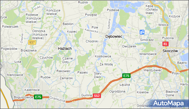 mapa Kostkowice gmina Dębowiec, Kostkowice gmina Dębowiec na mapie Targeo
