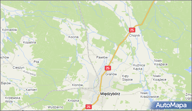 mapa Pawłów gmina Sośnie, Pawłów gmina Sośnie na mapie Targeo