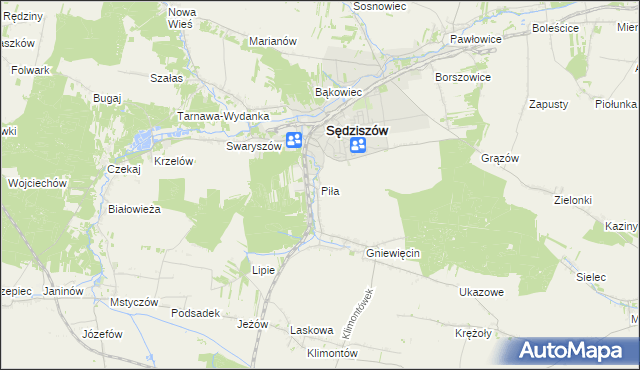 mapa Piła gmina Sędziszów, Piła gmina Sędziszów na mapie Targeo
