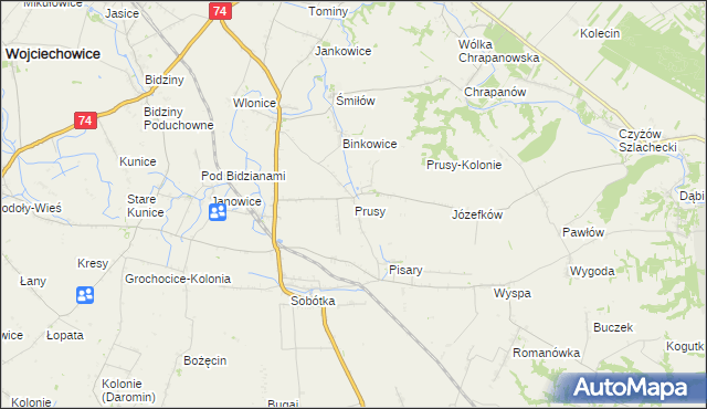 mapa Prusy gmina Ożarów, Prusy gmina Ożarów na mapie Targeo