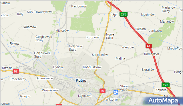 mapa Sieciechów gmina Kutno, Sieciechów gmina Kutno na mapie Targeo