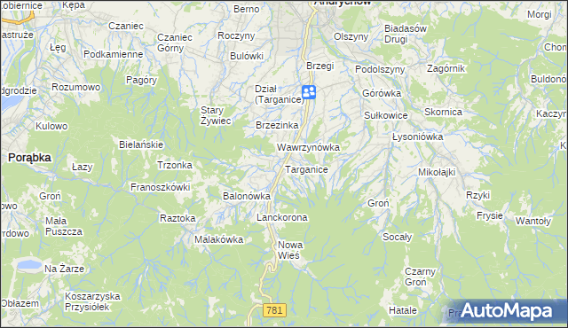 mapa Targanice, Targanice na mapie Targeo