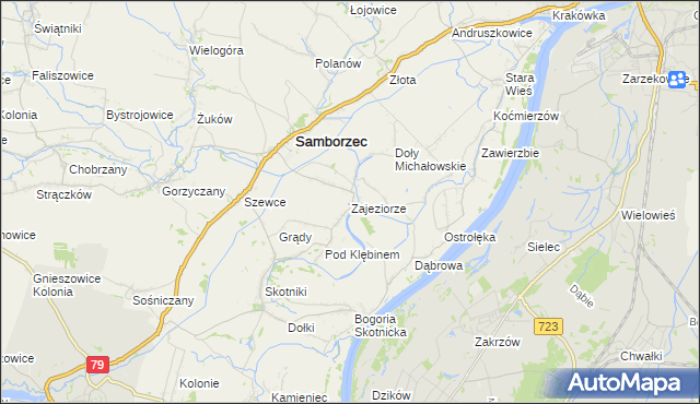 mapa Zajeziorze gmina Samborzec, Zajeziorze gmina Samborzec na mapie Targeo