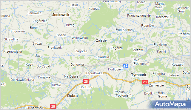 mapa Zawadka gmina Tymbark, Zawadka gmina Tymbark na mapie Targeo