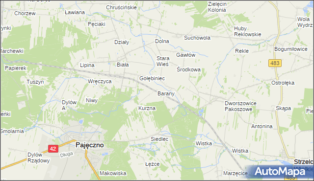 mapa Barany gmina Pajęczno, Barany gmina Pajęczno na mapie Targeo