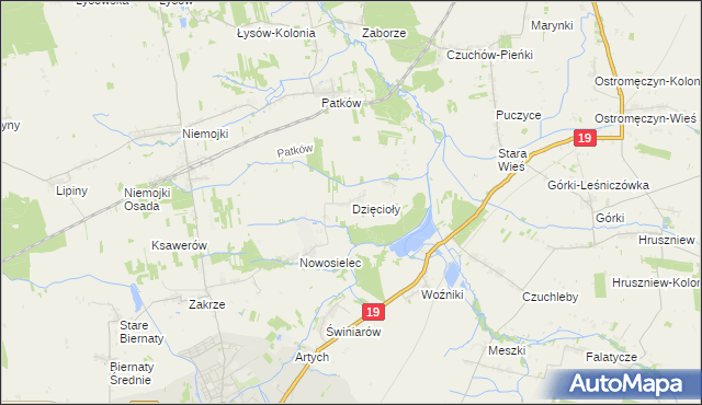 mapa Dzięcioły gmina Łosice, Dzięcioły gmina Łosice na mapie Targeo