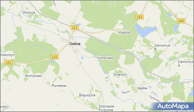 mapa Komorowo gmina Dolice, Komorowo gmina Dolice na mapie Targeo