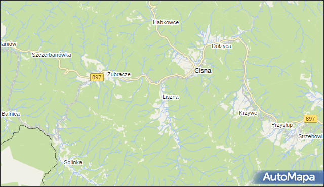 mapa Liszna gmina Cisna, Liszna gmina Cisna na mapie Targeo