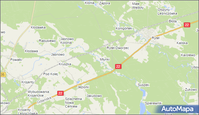mapa Młynki gmina Czersk, Młynki gmina Czersk na mapie Targeo
