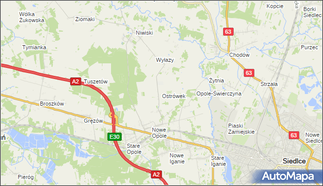 mapa Ostrówek gmina Siedlce, Ostrówek gmina Siedlce na mapie Targeo