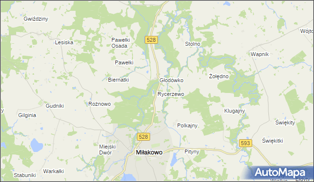 mapa Rycerzewo gmina Miłakowo, Rycerzewo gmina Miłakowo na mapie Targeo