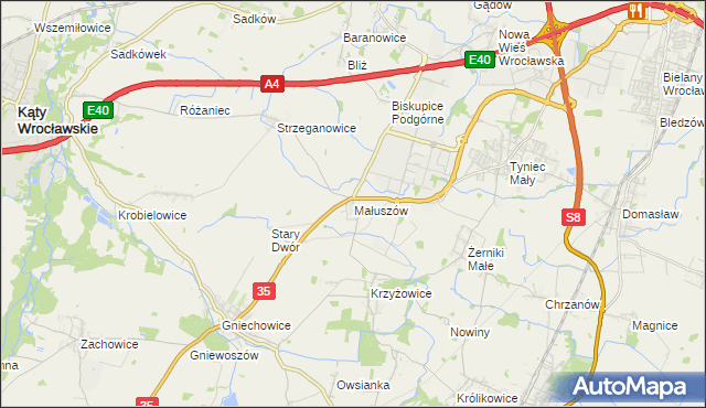 mapa Małuszów gmina Kobierzyce, Małuszów gmina Kobierzyce na mapie Targeo