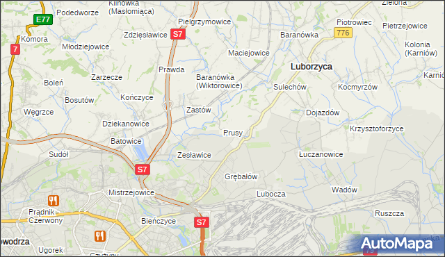 mapa Prusy gmina Kocmyrzów-Luborzyca, Prusy gmina Kocmyrzów-Luborzyca na mapie Targeo