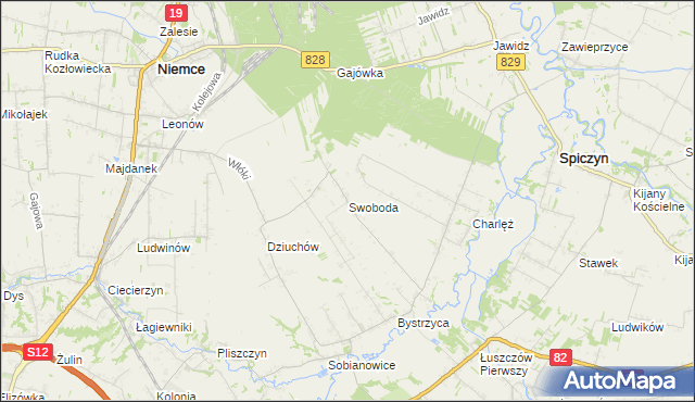 mapa Swoboda gmina Niemce, Swoboda gmina Niemce na mapie Targeo