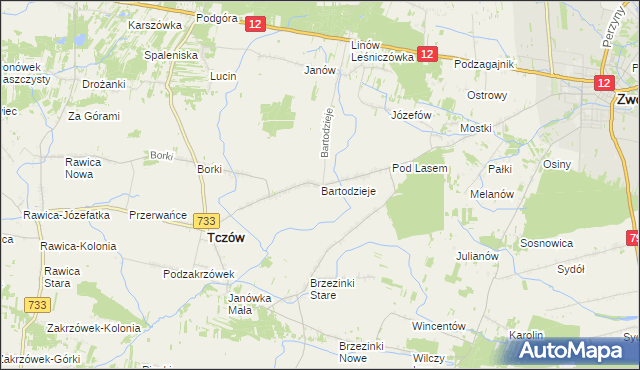 mapa Bartodzieje gmina Tczów, Bartodzieje gmina Tczów na mapie Targeo